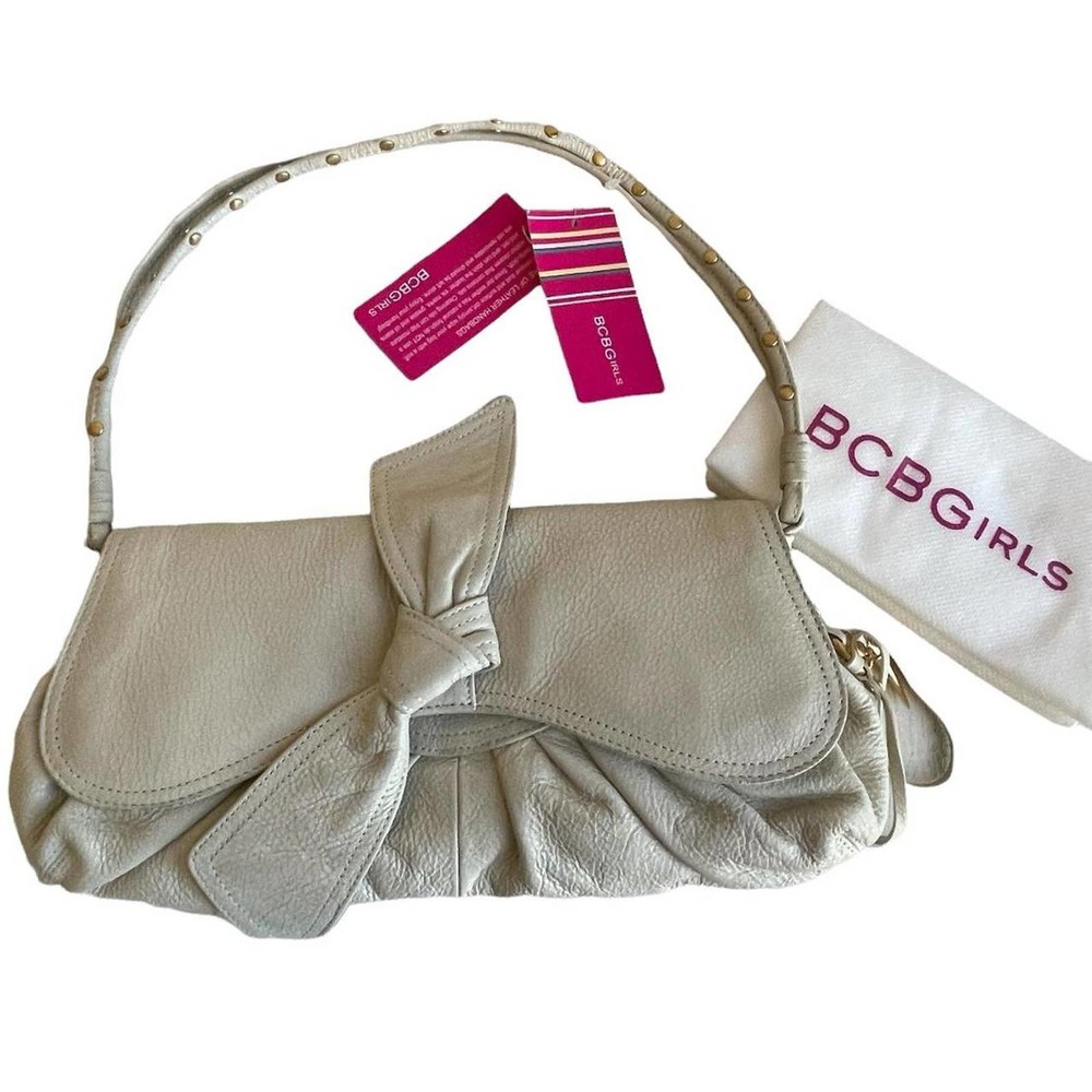 NWT DEADSTOCK VINTAGE Y2K BCBG GIRLS PURSE LEATHER OFF WHITE BOW GOLD STUDS